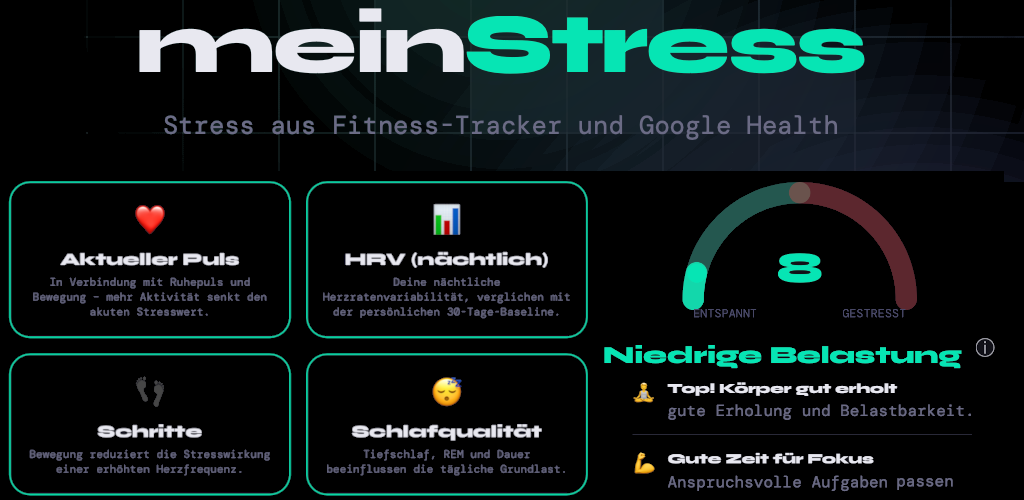 meinStress-App mit Gesundheitsdaten und berechnetem Stresswert